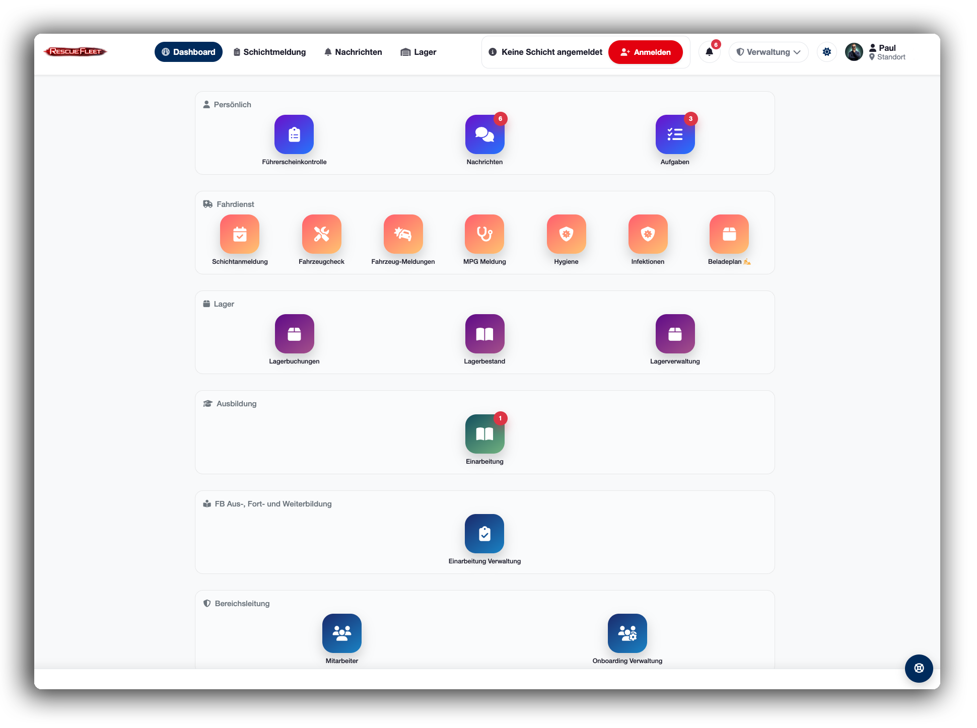 Dashboardübersicht mit priorisierten Modulen