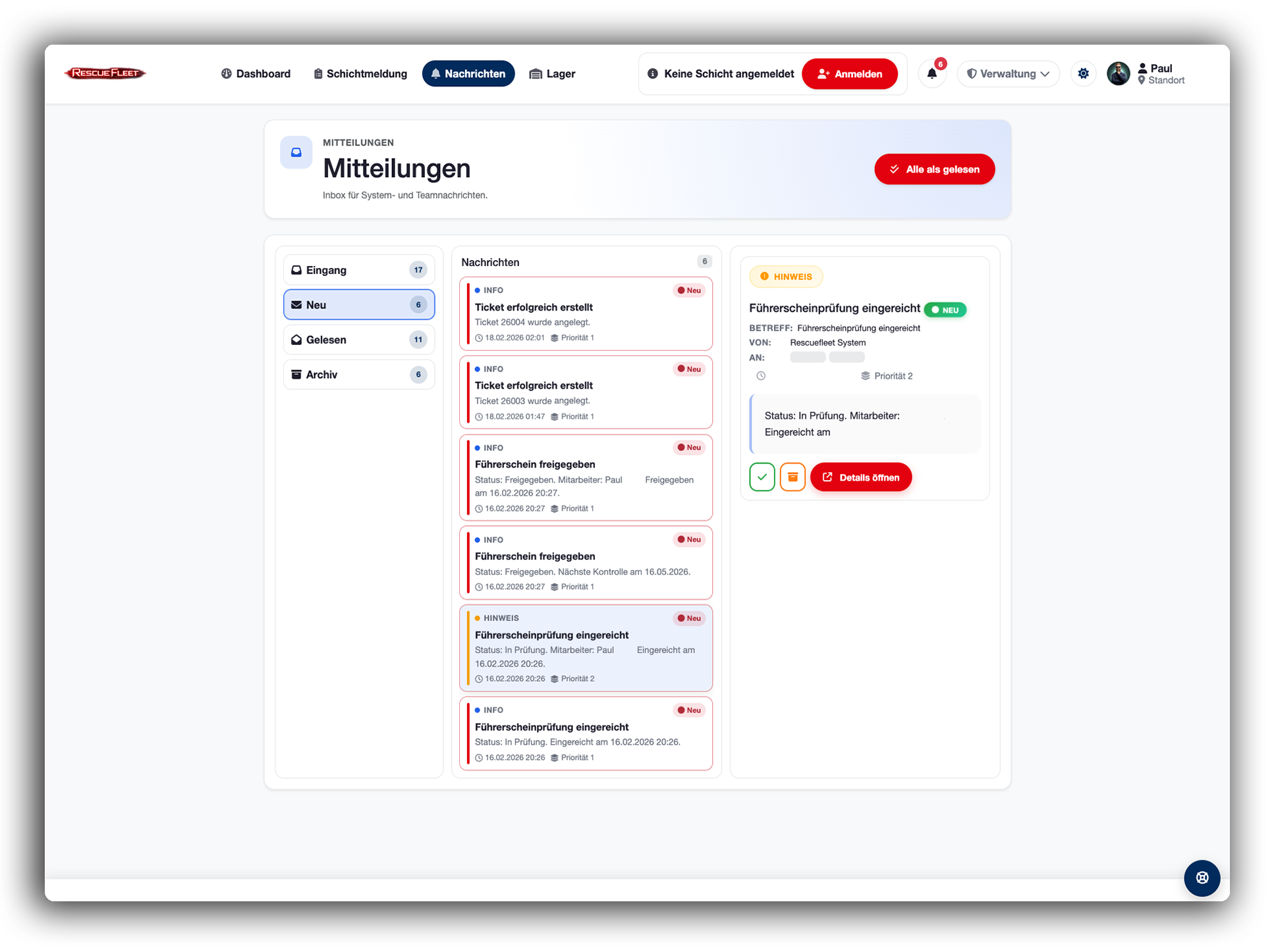 Fahrdienstansicht mit Fahrzeugcheck und Meldungen